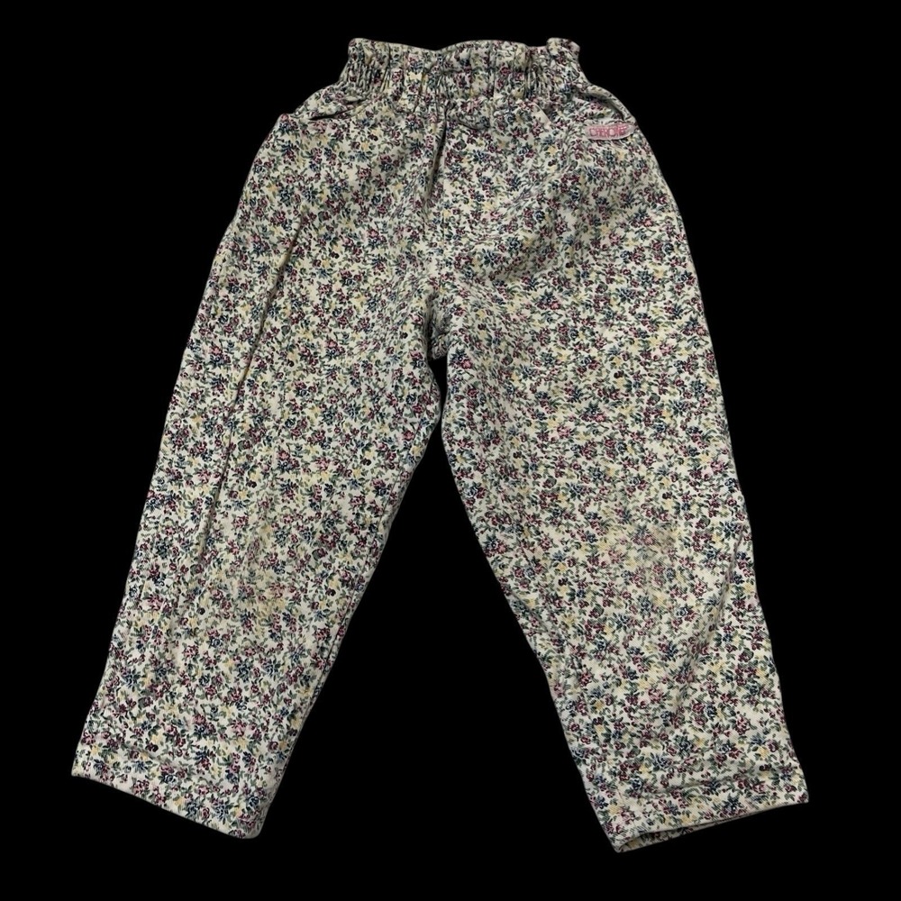 Vintage Cherokee Ivory Floral Cordury Pants Pull‎ On Elastic Waist 5 Made In USA